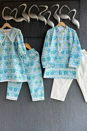 Sky blue floral printed cotton silk Men Kurta Set