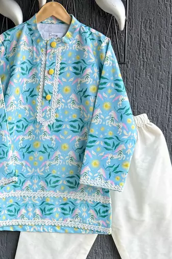Sky blue floral printed cotton silk Men Kurta Set
