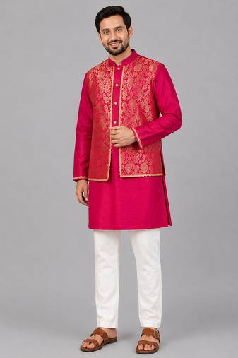 Hot pink embroidered cotton silk Men Kurta Set