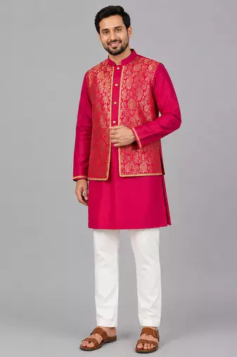Hot pink embroidered cotton silk Men Kurta Set