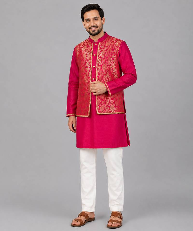 Hot pink embroidered cotton silk Men Kurta Set