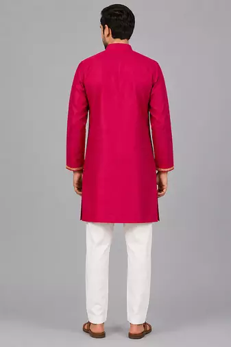 Hot pink embroidered cotton silk Men Kurta Set