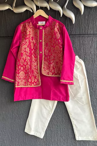 Hot pink embroidered cotton silk Men Kurta Set