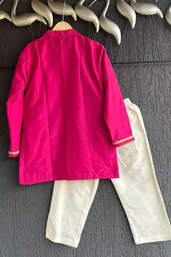 Hot pink embroidered cotton silk Men Kurta Set