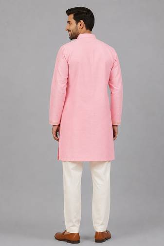 Baby pink embroidered cotton silk Men Kurta Set