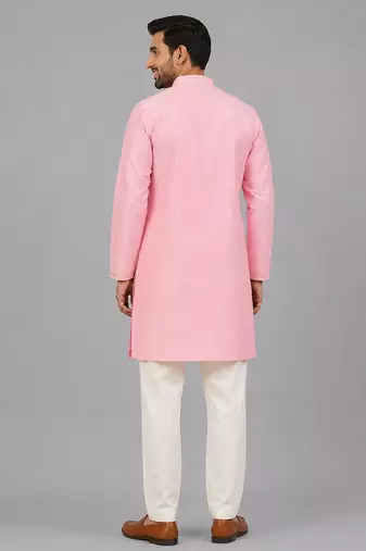 Baby pink embroidered cotton silk Men Kurta Set