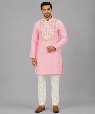 Baby pink embroidered cotton silk Men Kurta Set 2