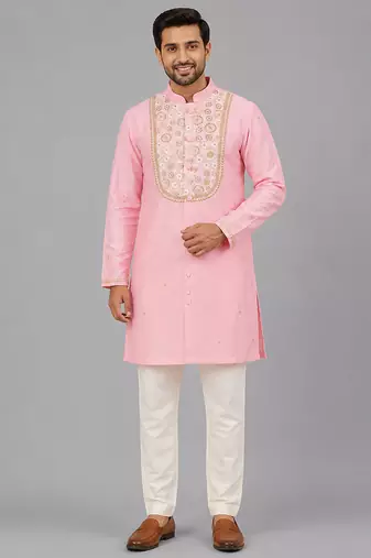 Baby pink embroidered cotton silk Men Kurta Set