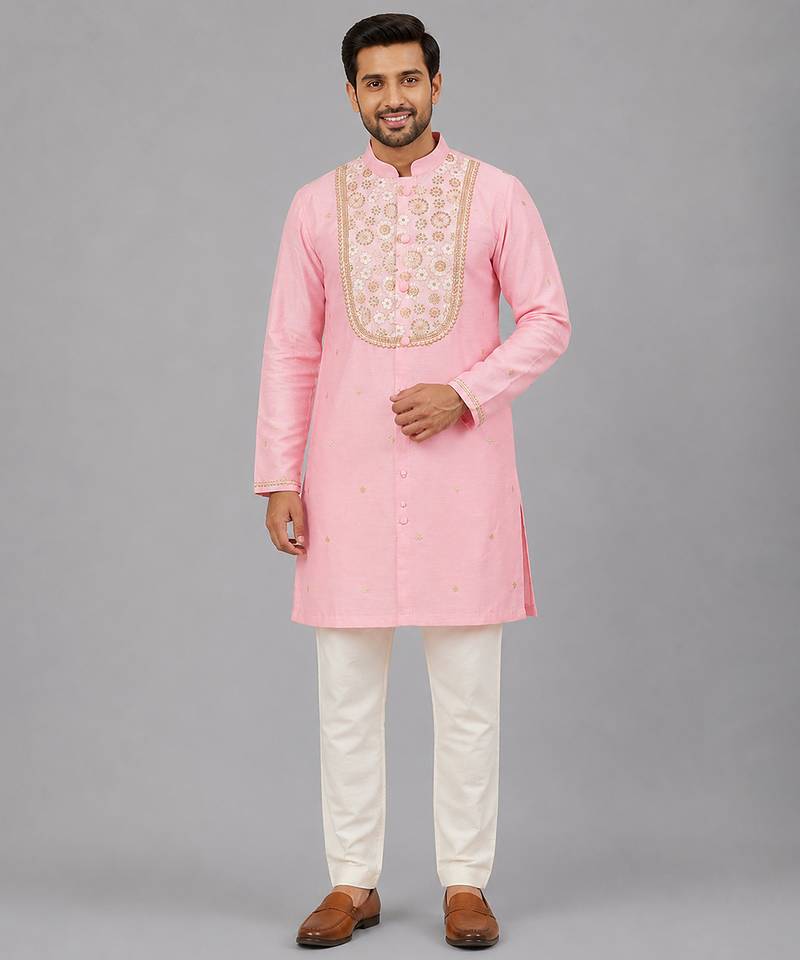 Baby pink embroidered cotton silk Men Kurta Set