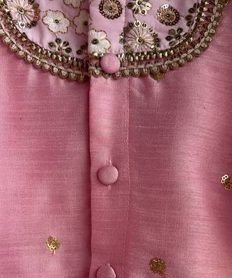 Baby pink embroidered cotton silk Men Kurta Set 3