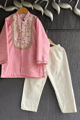 Baby pink embroidered cotton silk Men Kurta Set