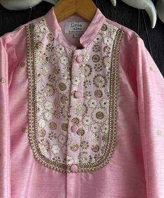 Baby pink embroidered cotton silk Men Kurta Set 5