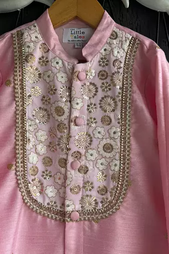 Baby pink embroidered cotton silk Men Kurta Set