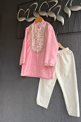 Baby pink embroidered cotton silk Men Kurta Set
