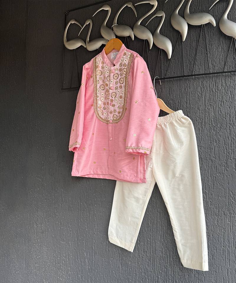 Baby pink embroidered cotton silk Men Kurta Set