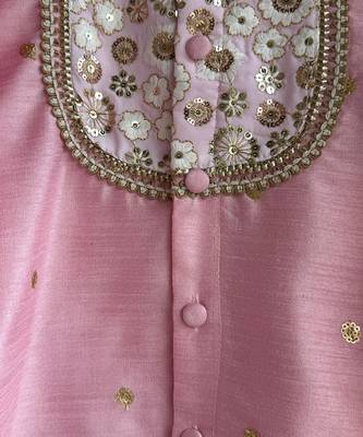 Baby pink embroidered cotton silk Men Kurta Set 7