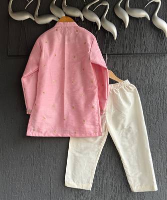 Baby pink embroidered cotton silk Men Kurta Set 9