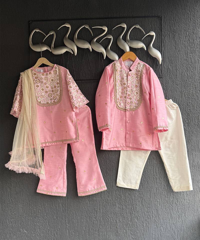 Baby pink embroidered cotton silk Men Kurta Set