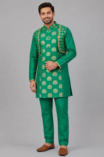 Parrot green printed chanderi kurta set