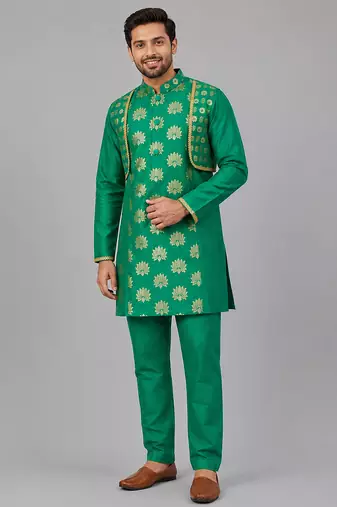 Parrot green printed chanderi kurta set