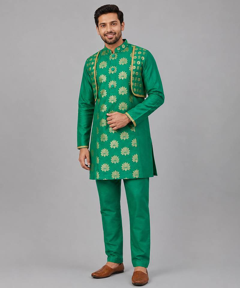Parrot green printed chanderi kurta set