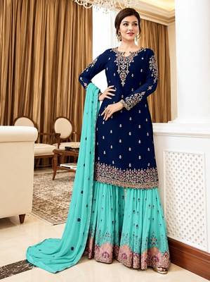Navy&aqua georgette semi stitched suit with embroidery & sequence work 1