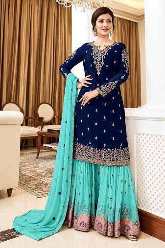 Navy&aqua georgette semi stitched suit with embroidery & sequence work