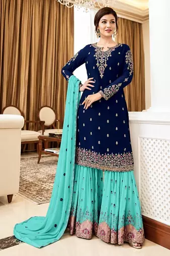 Navy&aqua georgette semi stitched suit with embroidery & sequence work