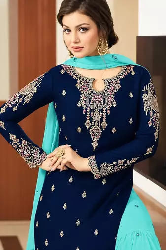 Navy&aqua georgette semi stitched suit with embroidery & sequence work