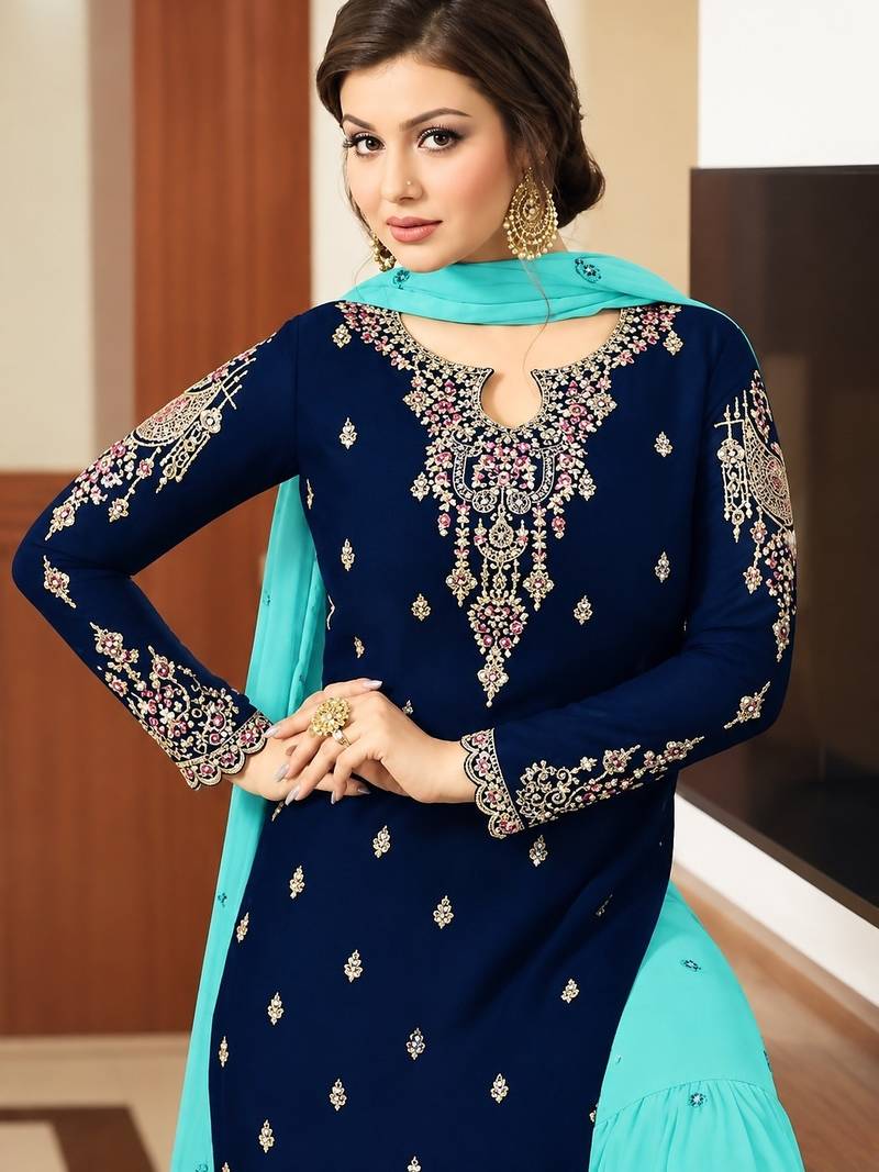 Navy&aqua georgette semi stitched suit with embroidery & sequence work
