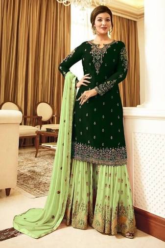 D green&lime georgette semi stitched suit with embroidery & sequence work