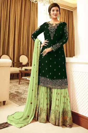 D green&lime georgette semi stitched suit with embroidery & sequence work