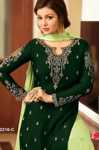 D green&lime georgette semi stitched suit with embroidery & sequence work