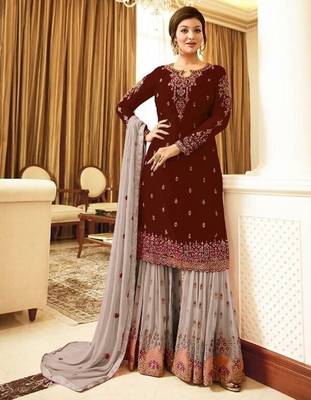 Maroon&grey georgette semi stitched suit with embroidery & sequence work 1