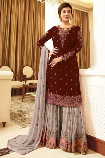 Maroon&grey georgette semi stitched suit with embroidery & sequence work