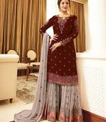Maroon&grey georgette semi stitched suit with embroidery & sequence work