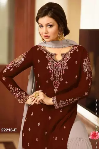 Maroon&grey georgette semi stitched suit with embroidery & sequence work