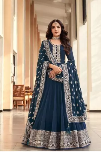 blue georgette semi stitched suit with embroidery & sequence work
