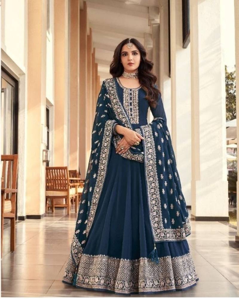 blue georgette semi stitched suit with embroidery & sequence work