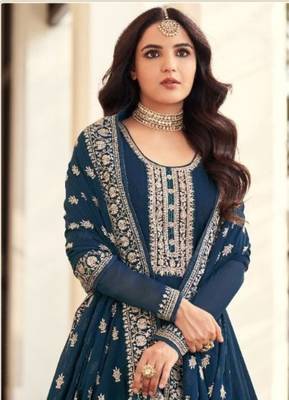 blue georgette semi stitched suit with embroidery & sequence work 2