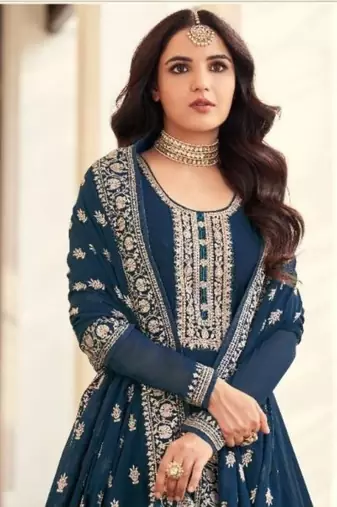 blue georgette semi stitched suit with embroidery & sequence work