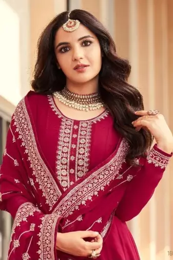 Pink georgette semi stitched suit with embroidery & sequence work
