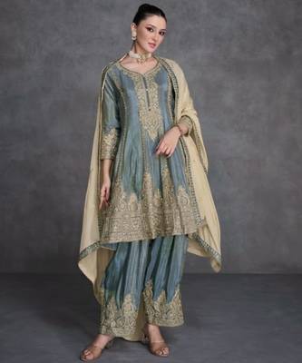 Blue organza semi stitched suit with embroidery & sequence work 1