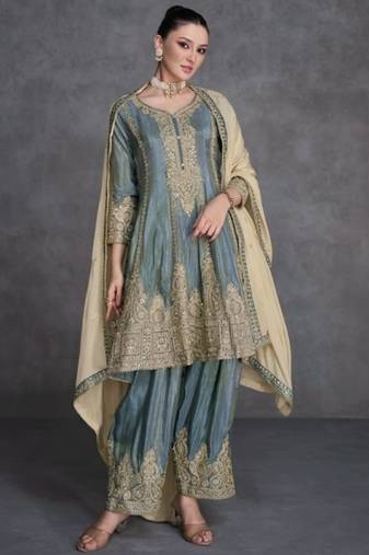 Blue organza semi stitched suit with embroidery & sequence work