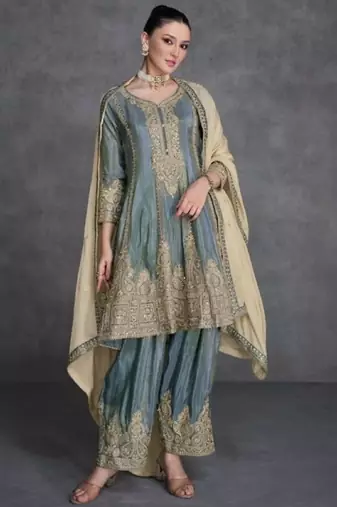 Blue organza semi stitched suit with embroidery & sequence work