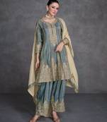 Blue organza semi stitched suit with embroidery & sequence work