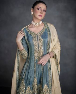 Blue organza semi stitched suit with embroidery & sequence work 2