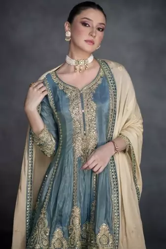 Blue organza semi stitched suit with embroidery & sequence work