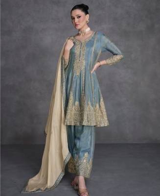 Blue organza semi stitched suit with embroidery & sequence work 3