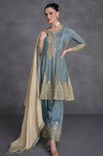 Blue organza semi stitched suit with embroidery & sequence work
